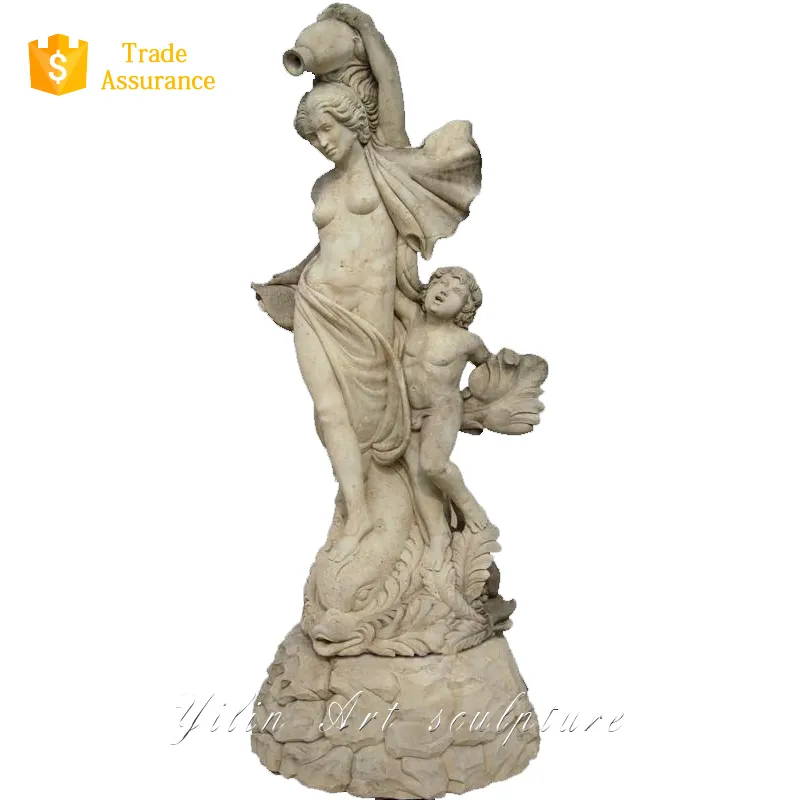 Escultura Piedra de mármol amarillo natural Mujer desnuda Estatua de madre y bebé a la venta 2017