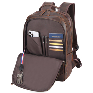 Large Capacity Premium Crazy Horse Leather Back Pack Bag With USB Men Expand <strong>Brown</strong> Cowhide Genuine Leather Travel <strong>Backpack</strong> - Product Image 2