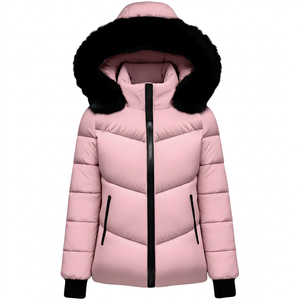 Chaqueta Acolchada Rosa con Capucha de Piel Sintética, Cierre de Cremallera, Abrigo de Invierno Unisex, Informal, Grueso y Aislante - Product Image 1