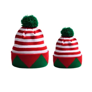 หมวกเอลฟ์ลายคริสต์มาสสำหรับเด็กและผู้ใหญ่หมวกบีนนี่ลายทางพร้อมพู่สีเขียว