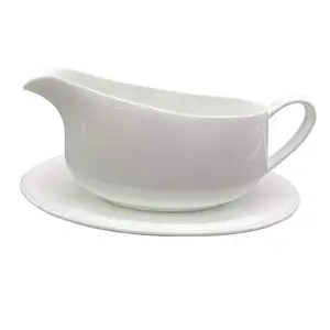 Custom Logo Hotel Restaurant Serve Cream Gravy Boat Bucket Dish Juice Jug White Ceramic Sauce Boat And Tray