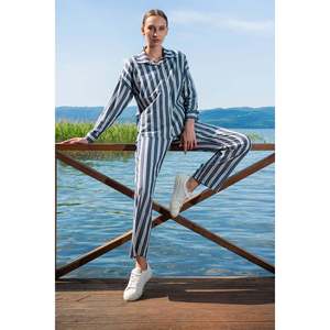 Ensemble pantalon et chemise en coton et viscose pour femme, col ras du cou, épaules tombantes, entièrement boutonné, manches longues, poches - Bleu marine - Bleu marine - Product Image 3