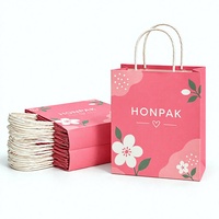 Sac en papier cadeau HONPAK à poignée torsadée, sac de shopping personnalisé rose floral, emballage plat pour fêtes et boutiques