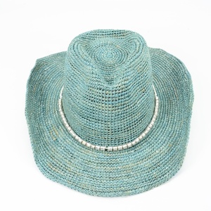 Chapeau de cowgirl turquoise au crochet fait à la main avec perles coupe <span class=keywords><strong>paille</strong></span> raphia pour plage fête pêche voyage en plein air usage décontracté - Product Image 2