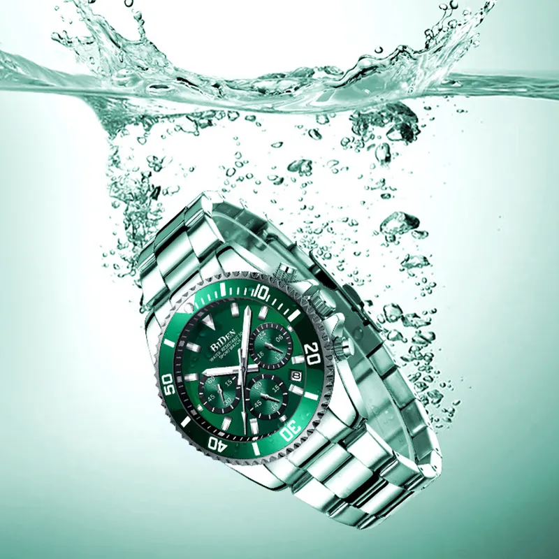 Alta marca BIDEN 0163 verde fantasma acqua uomo quarzo svizzero orologio al quarzo in acciaio inox resistente all'acqua moda orologi tedeschi