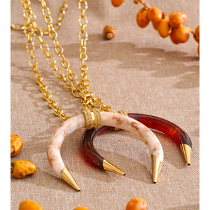 JINYOU 1228 Nouveau style Collier long en acier inoxydable plaqué or 18 carats avec pendentif corne en résine, style affirmé - Product Image 2