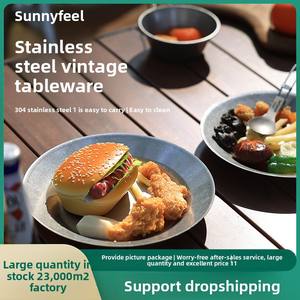 Vente chaude Camping En Plein Air Vaisselle Rétro En Acier Inoxydable Facile à Nettoyer Assiette À Manger Portable Pique-Nique Vaisselle Ensemble - Product Image 5