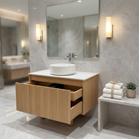 Kabinet Vanity Kamar Mandi Modern yang Dipasang di Dinding, Bagian Depan Berpola Serat Kayu, Dua Laci, Kompatibel dengan Wastafel Vessel, Proyek OEM Kustom