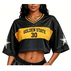 Tailgate Party Mesh Jersey <strong>Crop</strong> <strong>Top</strong> Women <strong>Golden</strong> State Team Fan Wear Sporty Girl Y2K Streetwear Drop Shoulder Jersey T Shirt - Product Image 3