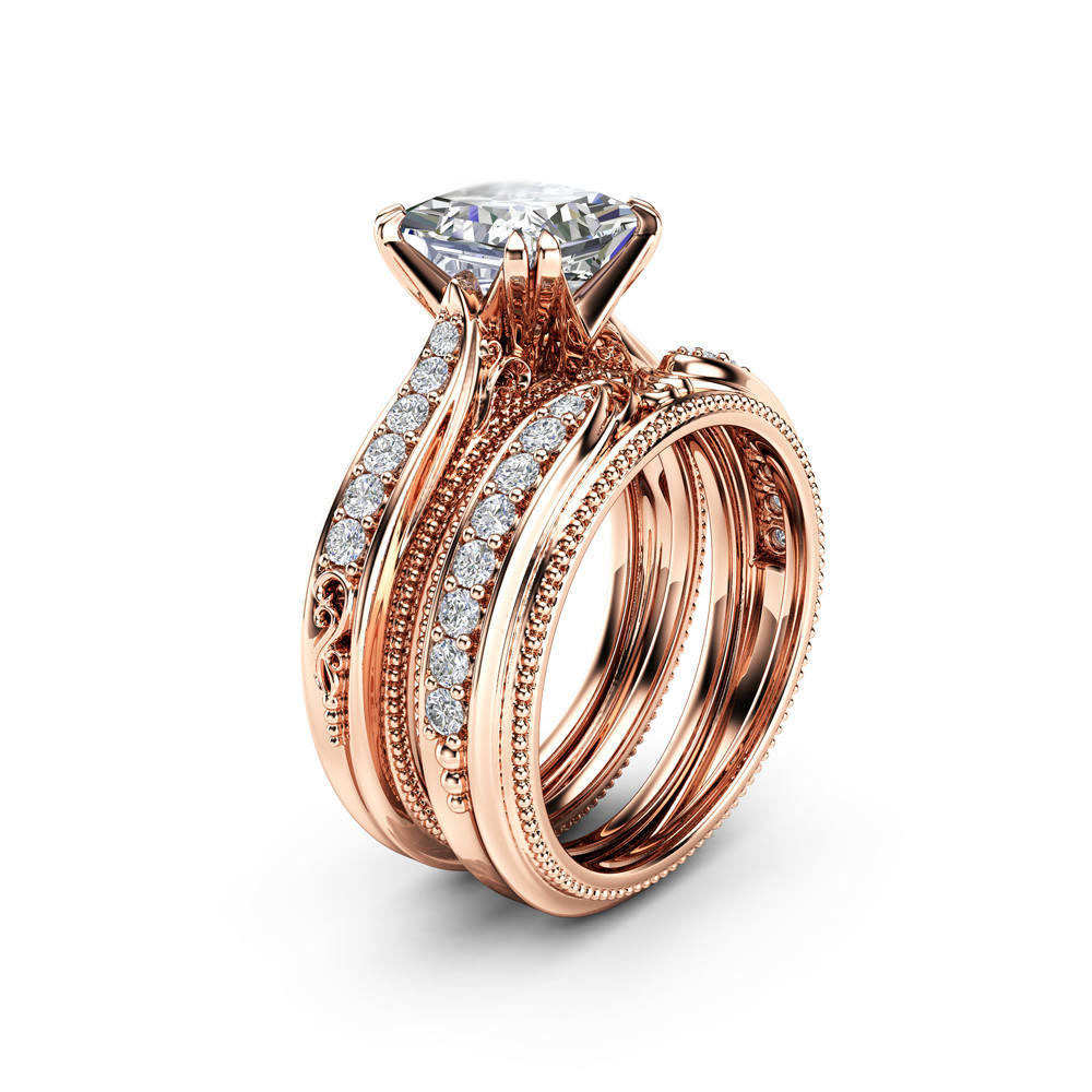 14K Rose Goud Met Witte Diamanten Ringen Prinses Diamant Voor Vrouwen Anillos Mujer Bijoux Femme Bague Ring Sieraden Vrouwen paar