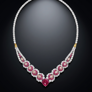 Platinum Diamond <b>Necklace</b> With <b>Ruby</b> Accents Princess Cut Natural Diamonds Luxury Women's Wedding Jewelry - Product Image 3