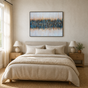 Grande Quadro Astratto su Tela 120x90cm con Cornice, Dipinto Teal per Soggiorno, Decorazione Murale Pronta da Appendere - Product Image 1