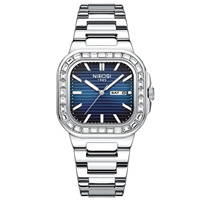 Jam Tangan Pria NIBOSI 2733 Bezel Berlian Persegi, Quartz, Tampilan Tanggal dan Hari, Tahan Air, Jam Tangan Bisnis untuk Pria, Logo Dapat Disesuaikan