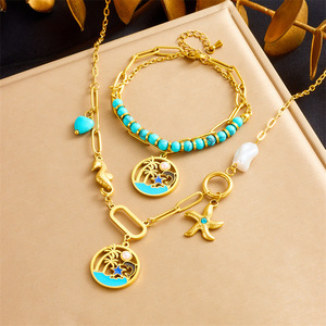 Fashionable Turquoise Beaded Double Layer Chain Stainless Steel Marine Life Pendant Necklace <b>Bracelet</b> <b>Set</b> Women's Party Jewelry - Product Image 1