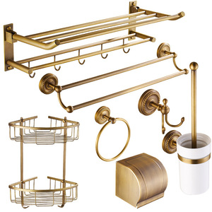 Porte-serviettes européen antique en cuivre complet étagère de rangement de salle de bain ensemble suspendu de matériel - Product Image 5