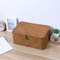 Boîte de rangement en jonc de mer tressé à la main avec couvercle, panier rectangulaire en paille naturelle pour étagères, bureau, bijoux, décoration bohème pour la maison