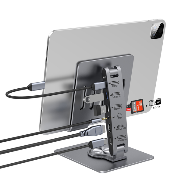 Factory Price Laptop Stand 7 in 1 Hub Adjustable Aluminum Alloy 2*Usb 1*Host 1*Hdmi 1*Audio 1*Tf/Sd 1*Pd100w Function