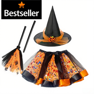 Conjunto <span class=keywords><strong>de</strong></span> falda tutú <span class=keywords><strong>de</strong></span> Halloween para niñas con sombrero <span class=keywords><strong>de</strong></span> <span class=keywords><strong>bruja</strong></span> disfraz <span class=keywords><strong>de</strong></span> escoba mágica <span class=keywords><strong>de</strong></span> murciélago naranja para fiesta vestido <span class=keywords><strong>de</strong></span> carnaval con accesorios - Product Image 1