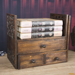 Yijiale Solid Wood Bookshelf 2 Tier Rectangle Retro Desk Storage Rack For Office Bedroom <b>Small</b> Bookcase With <b>Drawer</b> - Product Image 4