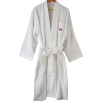 Peignoir élégant en velours blanc uni 100% coton pour le personnel des salons de beauté, manches longues, col en V, logo personnalisé, antibactérien