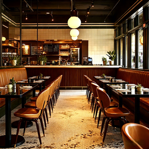 Ensemble de mobilier commercial Ron Group pour café-<span class=keywords><strong>restaurant</strong></span> : table carrée en marbre et banquette en cuir à dossier haut - Product Image 1