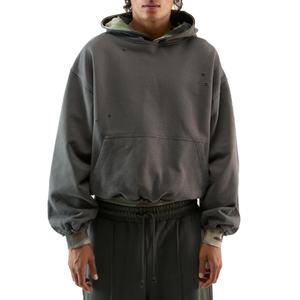 Sudaderas con Capucha para Hombre, al por Mayor, de Alta Calidad, 100% Algodón, Hombros Caídos, Estilo Desgastado, Color Ceniza Oscuro, Felpa Francesa, Corte Holgado - Product Image 1