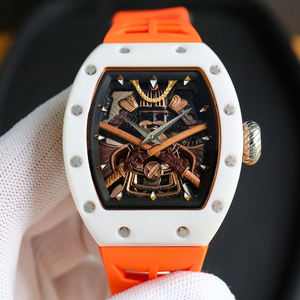 Reloj Mecánico de Cerámica Blanca con Forma de Barril para Hombre, Correa Naranja, Esfera Esqueleto, Diseño Samurái, Reloj de Pulsera Deportivo de Lujo y Moda - Product Image 2