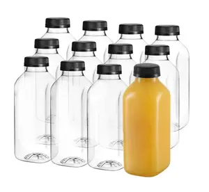 Food Grade 16 oz Empty Plastic Juice Milk Bottles with Black Tamper Evident Caps