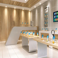 Comptoir d'exposition commercial en bois pour téléphones portables, aménagement de magasin de téléphonie mobile, éclairage LED moderne pour la conception intérieure des boutiques
