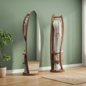 Modern Solid Wood Coat Rack with Mirror <b>Hooks</b> <b>Shelves</b> Freestanding Storage for Bedroom Living Room Furniture - Product Image 2
