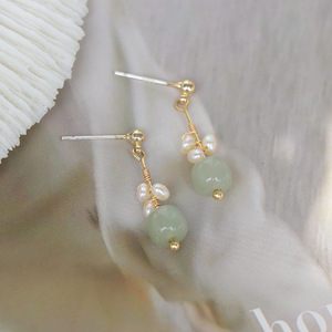 Hetian Jade Pearl Stud Earrings Geometric Design For Women Gift Occasion - Product Image 2