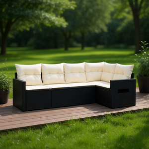 Ensemble de canapés de jardin en rotin noir avec coussins crème, mobilier d'extérieur au design contemporain, résistant à l'eau et aux UV, en matériau PE - Product Image 2