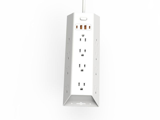 US Standard Industrial Multi Plug Power Strip Extension Socket 12 AC Outlets 2 USB-A 2 USB-C MOV Surge Protection 15A IP21 1050J