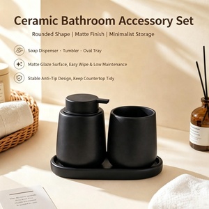Conjunto Elegante de Acessórios de Banheiro em Cerâmica com 3 Peças |   Dispensador de Sabão e Copo com Bandeja |   Para Casa, Hotel, Resort, Vanidade e Presentes - Product Image 2