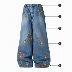 Jeans Vintage con Ricami Botanici a Gamba Larga per Donna, Pantaloni in <span class=keywords><strong>Denim</strong></span> con Cuciture Curve, Blu Scuro e Blu Chiaro - Product Image 3