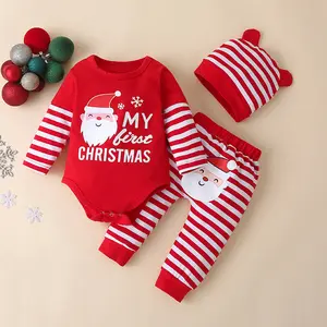 तीन टुकड़ा नई क्रिसमस कपड़े बच्चे Rompers लड़का लड़की बच्चों Romper टोपी सेट सांता क्लॉस बेबी कॉस्टयूम क्रिसमस उपहार नवजात