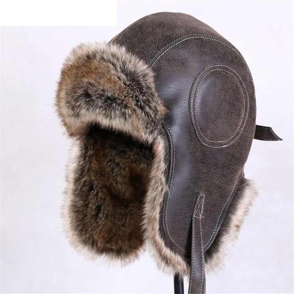 Warm Ear Flaps Leather Male Fur Winter Hat Bomber Winter Trapper Hat
