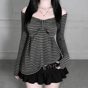 Camiseta de manga larga con diseño de lazo en un solo hombro, estilo dulce y femenino, pura y seductora, fácil de combinar, estilo línea A. - Product Image 1