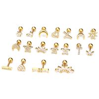 Boucle d'oreille en or 16g avec cravate à vis, motifs couronne, croix, cœur, fleur, étoile, lune, pour piercing hélix, rook, conch, tragus