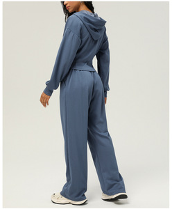 Setelan Olahraga Wanita Musim Gugur/Dingin Grosir 2 Potong, Setelan Sweatshirt Ritsleting dan Celana Olahraga Kaki Lebar - Product Image 6