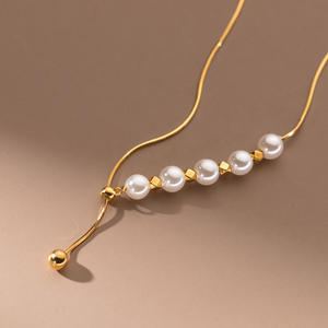 Collier en argent pur S925 avec perle de riz, pendentif rétro à double rangée de petites perles rondes avec chaîne de clavicule D9599 - Product Image 4