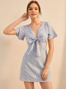 All'ingrosso abbigliamento moda donna estate manica corta cravatta anteriore fiocco <span class=keywords><strong>blu</strong></span> Plaid <span class=keywords><strong>MIni</strong></span> abiti - Product Image 6