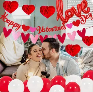 Happy Valentines Day Banner Herz Girlande Papier Wabe Liebe Folie Luftballons Foto Requisiten für Valentinstag Hochzeits feier Dekor