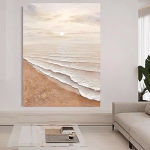 Peinture à l'huile peinte à la main, soleil sur plage dorée, style impressionniste, sans cadre, art mural minimaliste moderne pour salon - Product Image 1