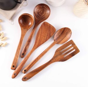 Amazon Hot selling wooden kitchen cooking utensils set teak wood kitchenware for home restaurant