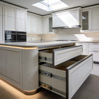 Meuble de cuisine sur mesure en bois massif avec fours doubles intégrés, comptoirs en marbre et tiroirs à fermeture amortie