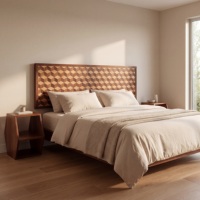 Juego de Muebles de Dormitorio de Lujo de Madera Maciza China de Estilo Mid-Century con Diseño Geométrico, Cama King Size de Alta Gama