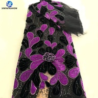 Tissu en dentelle de velours floral 3D Sinya de luxe avec paillettes et perles, 5 yards, magnifique broderie perlée, dentelle française en maille pour mariage et fête