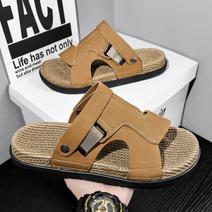 Outdoor beach cork sandals Designer men's casual slippers Beach <b>flat</b> leather slides Breathable men's slides slippers for men - Product Image 1