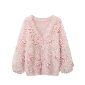 Weet-Chaqueta de punto para mujer, Rebeca suave de flores lisas y sueltas